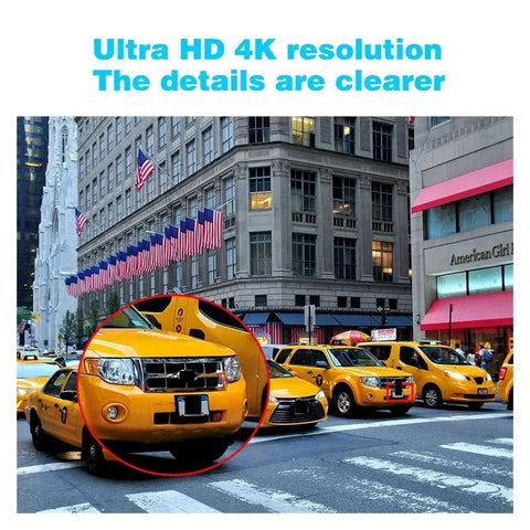 8Ch PoE Security Camera System With Integrated NVR Offering Straight Out Of The Box Setup And 4K Ultra HD clarity taxi detail captured in urban scene.