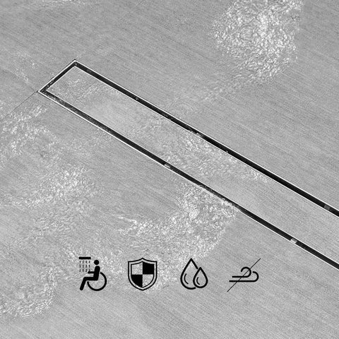Top view of 32 Inch Linear Shower Drain With Tile Insert And Flat Cover Brushed 304 Stainless Steel 2 Inch Outlet