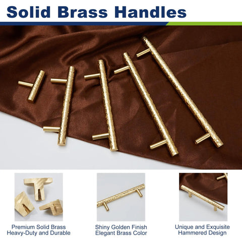 Top Shelf Six Pack Solid Brass T Bar Cabinet Pulls Hella Durable Gold Hardware For Kitchens And Dressers Clean Hammered Polish With Five Inch Center Spacing, showcasing six handles on a brown fabric.