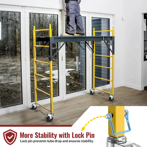 Person on scaffold with 5 Inch Scaffolding Caster Wheels Set Of Four With Dual Locking Swivel Casters And One And A Quarter Inch Square Stem