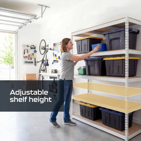 Woman adjusting items on Slick Modular Garage Shelving Rack Featuring Five Heavy Duty Steel Shelves And Bright White Finish 18 By 60 By 72 Inches.