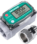 1 Inch Water And Fuel Flow Meter With Swivel 360 Connector For 2.6-26 GPM Inline NPT Thread With 1 Percent Accuracy For Diesel Gas Oil Gasoline And Other Liquids Sleep Mode displayed with fittings.