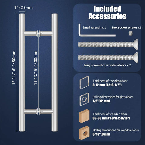 18 Inch Back-To-Back Door Pull Handle In Brushed Nickel Anti-Fingerprint Finish For Shower Glass Barn And Wood Doors 300 mm Hole Spacing 1.2 mm 304 Stainless Steel showing dimensions and included accessories