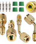 Grind Ready A2L R454B Refrigerant Adapter And Mini Split Brass Coupler Paired With Auto AC Manifold Gauge Connector 1/4 Female To Male Reverse Thread Drop Dead Easy HVAC Tool Kit, featuring brass adapters and valve cores.