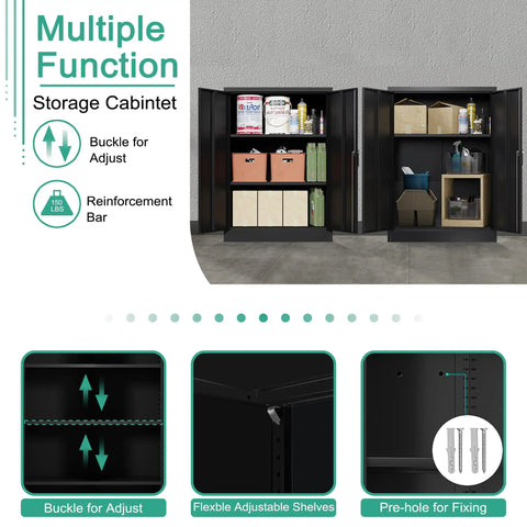 Heavy Duty Two Door Steel Locking Storage Cabinet With Adjustable Shelves Secure Garage Cupboard showing adjustable shelves and storage features.