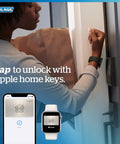 Person unlocking door with Rock Solid Keyless Entry Deadbolt With Built-In Wi-Fi using Apple Watch and smartphone app.