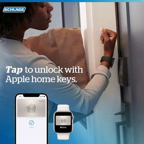 Person unlocking door with Rock Solid Keyless Entry Deadbolt With Built-In Wi-Fi using Apple Watch and smartphone app.