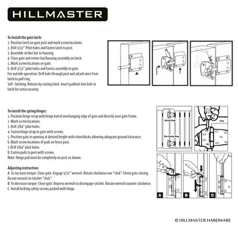Installation guide for Heavy Duty Gate Latch Kit For Wood And Vinyl Fences with diagrams and instructions.