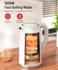 White 1.7L large kettle with temperature control and LED screen on wooden counter, showing 1500W fast boiling capability.