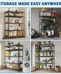 Tough As Nails Heavy Duty Metal Shelving Unit 5 Adjustable Tiers 36X16X72 Inch Garage Storage Rig in four setups.