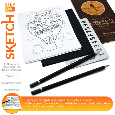 Sketch materials from Beginner Friendly Wood Burning Kit With 140 Pieces For DIY Artists Includes 9 Large Wooden Plaques To Craft Unique Projects Step By Step Guide Easy To Learn Perfect Gift For Art And Craft Lovers, including eBook and pencils.