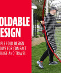 Person carrying foldable MLB Flyback Pitch Back Net For Baseball Training With Multi Position Return 65 By 44 Inches.