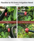 30 Pack 1 GPH Pressure Compensating Drip Emitters installed on 1/4 inch tubing in garden with foliage and connections shown