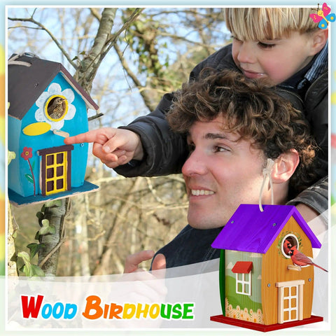 Father and child assembling 2 Pack Rustic Wood Bird House Kit With Paints And Brushes For Grownups And Kids Build It Yourself