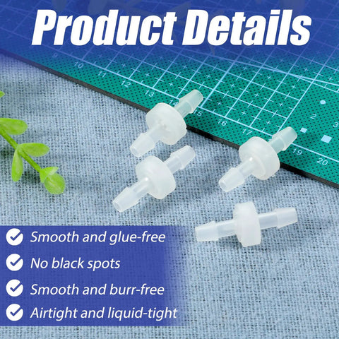 Four Pack One Quarter Inch Check Valve 6mm One Way Barb Hose Inline Plastic Non Return Valve For Air Intake Water And Oil Systems, Durable White Pump Check Valve With Secure Connection displayed on a blue background.