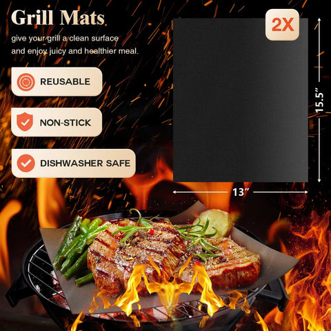 Close-up of reusable non-stick grill mats with steak and vegetables, part of 26-Piece Grilling Tools Set For Men And Dads, Fathers Day Gift Ready, Heavy Duty Stainless Steel BBQ Utensils Kit With Apron, Thermometer, Mats In Brown Aluminum Case, All-In-One Outdoor Cooking Gear For Grill Masters.