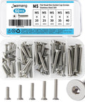 Heavy Duty M5 Flat Head Hex Socket Countersunk Screws Assorted Lengths Twenty To Forty Millimeters packed in a clear container.