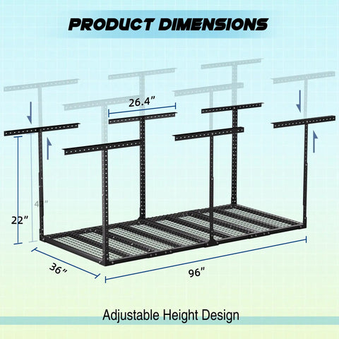 Product dimensions of 3X8 Ft Overhead Garage Storage Rack With Adjustable Drop Ceiling Hang Shelf Heavy Duty Metal Grid Holder For 600 Lbs.