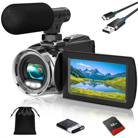 4K Video Camcorder For YouTube Vlogging, 36MP Photos, 18x Digital Zoom, with external mic, 3 Inch IPS Flip Screen, and accessories displayed.