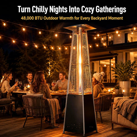 Propane Patio Heater With Wheels 48,000 BTU Outdoor Stainless Steel Gas Heater Delivers 360 Degree Heat, black and silver finish on patio