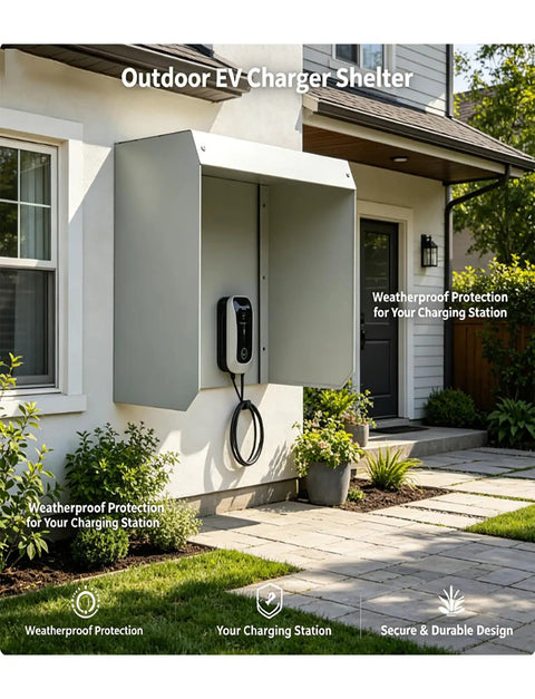 Super Tough Outdoor Electric Charger Rain Cover Hella Rugged Weatherproof Box For Wall Mounted Type Two Charging Station in garden setting.