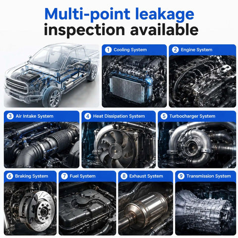 Multi-point leakage inspection graphic showing various automotive systems for Professional Grade Rock Solid Automotive Smoke Machine With Built In Air Pump For Evap System Leak Testing Dead Simple Car Engine Diagnostics Heavy Duty Plug And Play Tool.