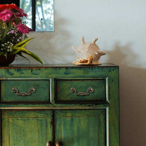 Green cabinet with Six Pack Antique Brass Drop Bail Pulls With Vintage Floral Base Plates For Cabinets Dressers And Wardrobes And Cupboards
