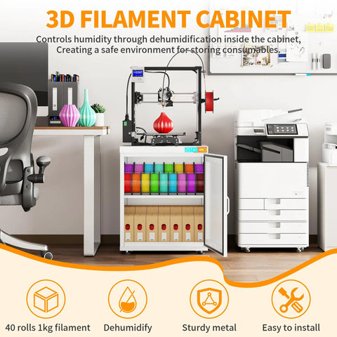 Beat The Humidity Beast 3D Printer Stand Filament Storage Cabinet With Active Dehumidification For Up To Forty Rolls Of PLA ABS TPU Nylon showcasing a 3D printer and colorful filament rolls.
