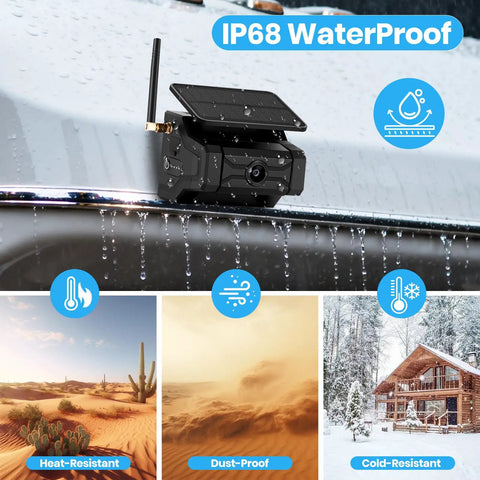 Hustle Free Magnetic Solar Wireless Backup Camera With Seven Inch HD Split Screen Monitor mounted on a vehicle, featuring waterproof design.