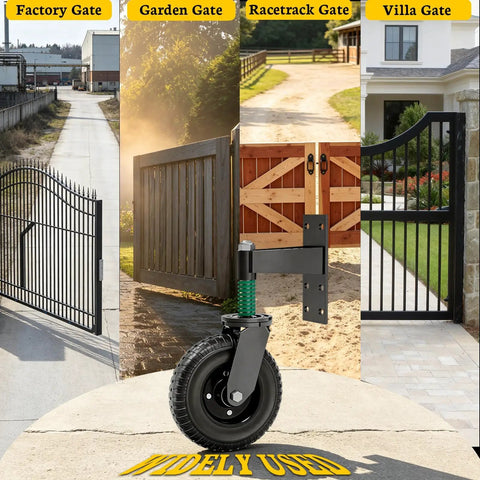 8 Inch Real Deal Heavy Duty Gate Wheels for Sliding Metal And Wooden Gates showcased with various gate types outdoors.