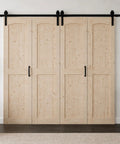 Heavy Duty 80 Inch Double Bifold Barn Door Hardware Kit With Super Slick Spring Steel Tracks And Smooth Glide Rollers For Rustic Spruce Wood Closet Doors in a living room setup.