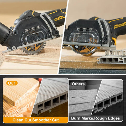 Premium 3 Inch Circular Saw Blades 4 Pack Features 36T And 80T Tungsten Carbide Teeth on a saw cutting wood and plastic