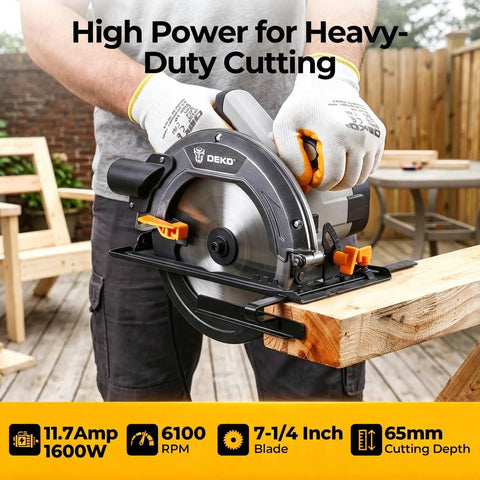 Professional Grade 7 1 4 Inch Circular Saw Featuring A Robust 1600 Watt Motor And 11 7 Amps Of Kick Ass Cutting Power For Heavy Duty Woodworking Projects At 6100 Rpm Lightweight Portable Design cutting through wood.
