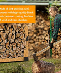 A person chopping wood with an axe next to a stack of logs framed by Durable Steel 3 Way Corner Bracket Kit.