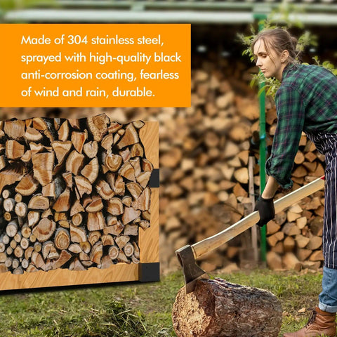 A person chopping wood with an axe next to a stack of logs framed by Durable Steel 3 Way Corner Bracket Kit.