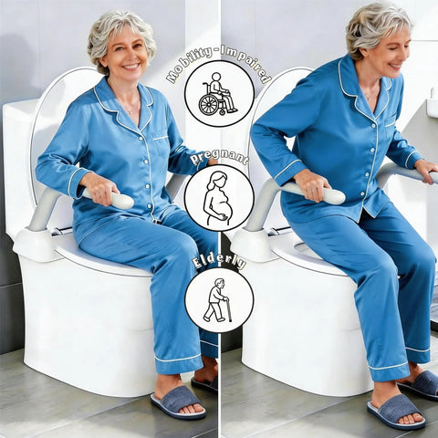 Rock Solid Toilet Safety Rails With Adjustable Grab Bars And Non Slip Bailout Handles supporting an elderly woman using the commode.