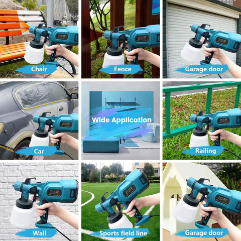 Powerful 800W HVLP Paint Sprayer Kit With Three Copper Nozzle Kits spraying chair, fence, garage door, car, railing, wall, sports field line