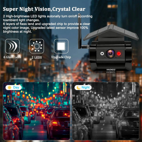 Magnetic Solar Wireless Backup Camera With Rechargeable Battery IP69 Weatherproof Build 1080p Night Vision and Drop In Ready Gear showing day and night vision capabilities.
