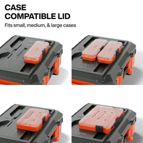 MODbox Medium Deep Tool Box With Beefy Heavy Duty Organizer Removable Tray Water And Debris Resistant Stackable Module For A Mobile Workstation And 100 Pound Capacity showing lid compatibility