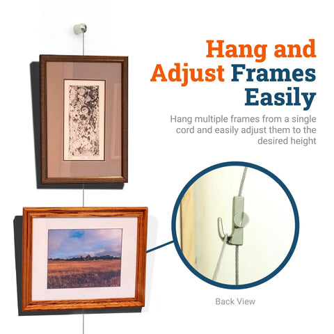 Heavy Duty Steel Cable Picture Hanging Kit With Adjustable Bullet Hooks And Ceiling Mount supports hanging two framed artworks.
