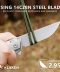 Hardcore Folding Pocket Knife With Tight Grip Textured Titanium Handle And Razor Sharp 14C28N Stainless Steel Blade showing blade detail and grip.