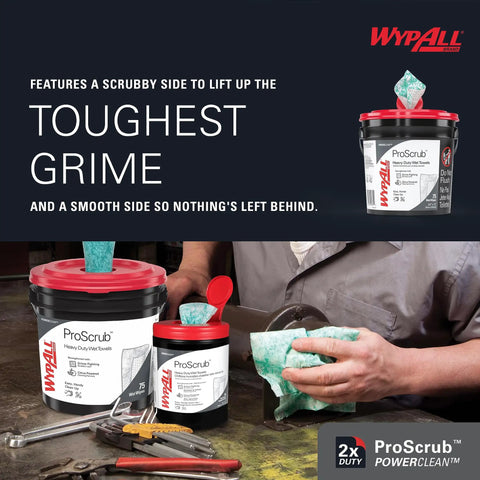 Person using Heavy Duty Wet Towels ProScrub Dual Action Cleaning Wipes 9.5 By 12 Inches Large Wipes with Bucket Included 450 Sheets Total Alcohol Free Citrus Clean for Skin and Surfaces on a workbench, showing the scrubby side lifting grime.