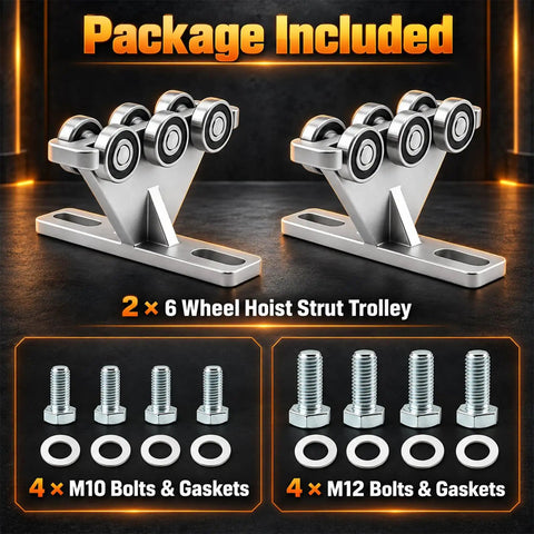 Rock Solid Six Wheel Hoist Trolley For One Five Eight Inch Strut Channel with included M10 and M12 bolts and gaskets.