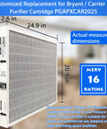 MERV 16 20X25X3In Air Filter For Bryant Carrier Purifier Cartridge, showing dimensions and compatibility with PGAPXCAR2025 model.