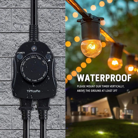Heavy Duty Outdoor Christmas Light Timer Featuring Dusk to Dawn Sensor Technology and All Weather Waterproof Construction, close-up of timer on wall.