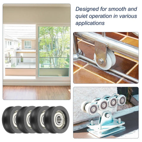 Heavy Duty U Groove Ball Bearing Rollers Designed For Smooth Sliding Doors And Windows Pack Of Four Black Nylon Pulley Guide Wheels with stainless steel track.