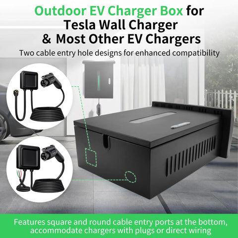 Outdoor EV Charger Lock Box Hella Secure Storage Enclosure Featuring A Crystal Clear Viewable Window For Tesla Wall Connectors And Universal Electric Vehicle Plugs Weatherproof Dope Cover Bottom Cable Access Door Simple Install For Your Daily Driver, showing two cable entry ports for EV chargers.