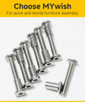 No Sweat M6 X 40 mm Countersunk Flat Head Screws And Barrel Nuts Pack With Hex Wrench For Cabinet And Crib Assembly Premium 304 Stainless Steel showing silver screws and barrel nuts.