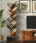 Dope Vintage Tree Bookshelf With Nine Shelves And Side Drawer, Solid Wooden Corner Storage Rack For Books Vinyl Records Decor, Rustic Brown Shelf Vibe Straight Fire Display For Your Chill Space in living room setup.
