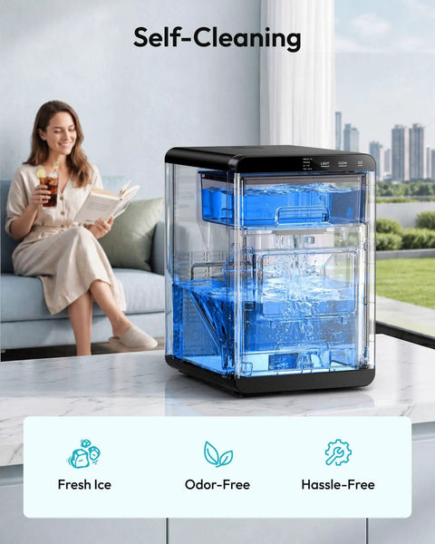 Quick Freeze Countertop Nugget Ice Maker Delivers 44 Pounds Of Soft Sonic Pellet Ice Daily With No Hassle Auto Wash And Smooth Chilling Performance For Everyday Households And Office Crews with woman enjoying drink.
